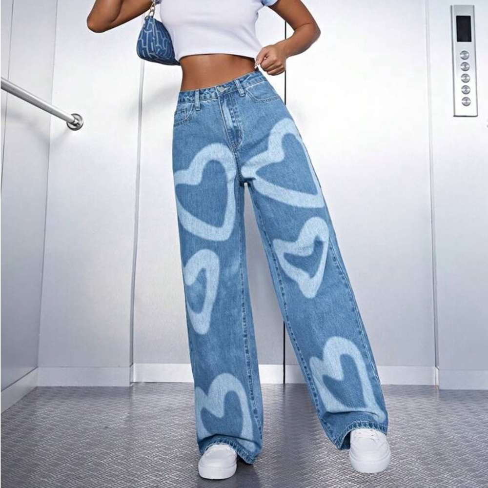 Heart Print Wide Leg Denim Jeans High Rise S